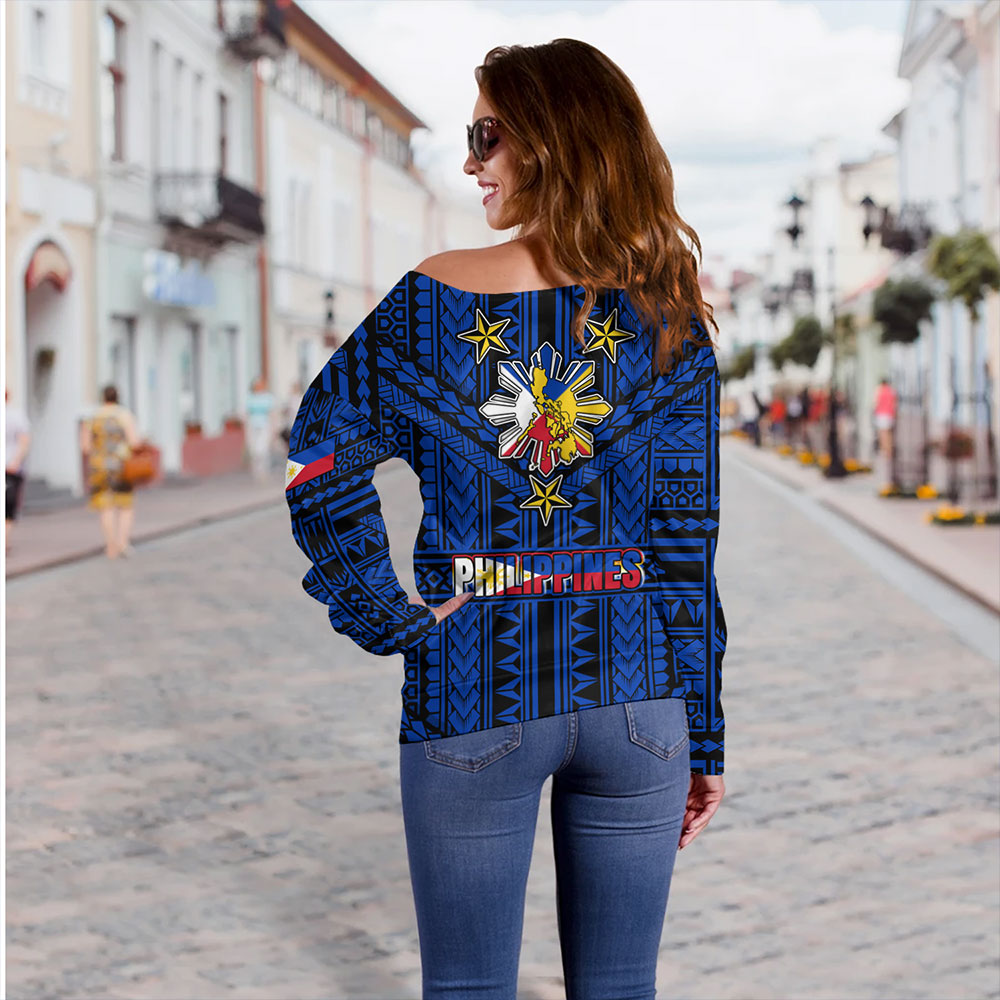 Philippines Off Shoulder Sweatshirt - Filipino Sun And Stars Tribal Tattoo Patterns Style