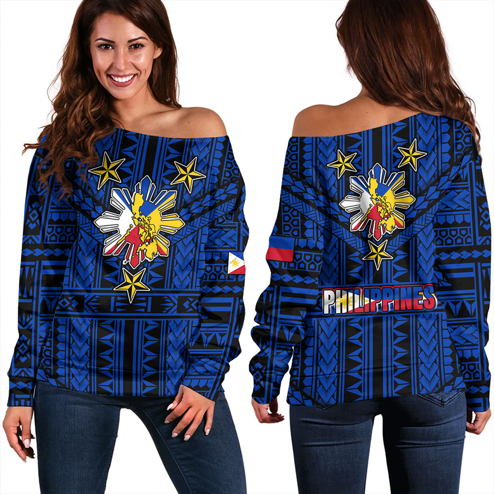 Philippines Off Shoulder Sweatshirt - Filipino Sun And Stars Tribal Tattoo Patterns Style
