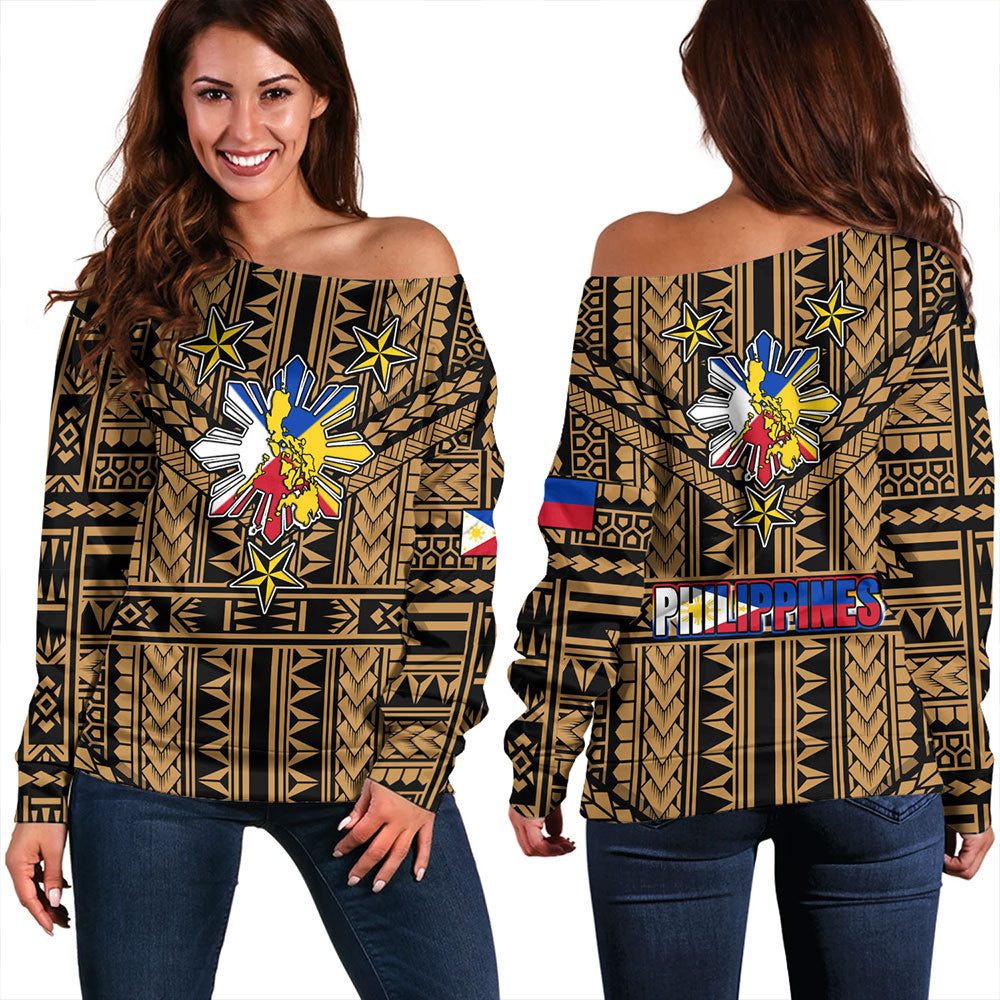 Philippines Off Shoulder Sweatshirt - Filipino Sun And Stars Tribal Tattoo Patterns Style