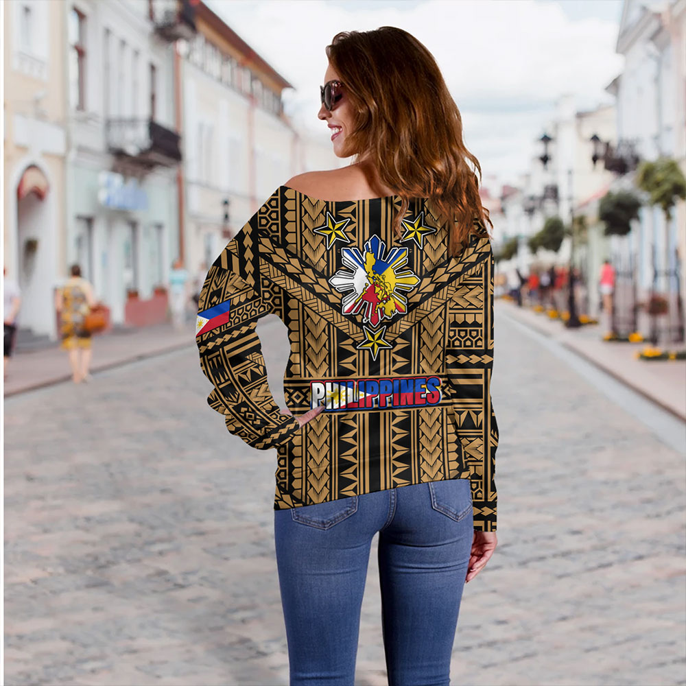 Philippines Off Shoulder Sweatshirt - Filipino Sun And Stars Tribal Tattoo Patterns Style