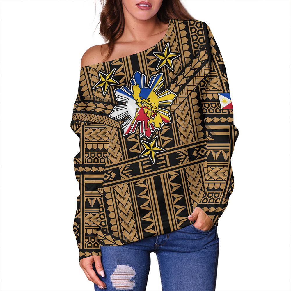 Philippines Off Shoulder Sweatshirt - Filipino Sun And Stars Tribal Tattoo Patterns Style