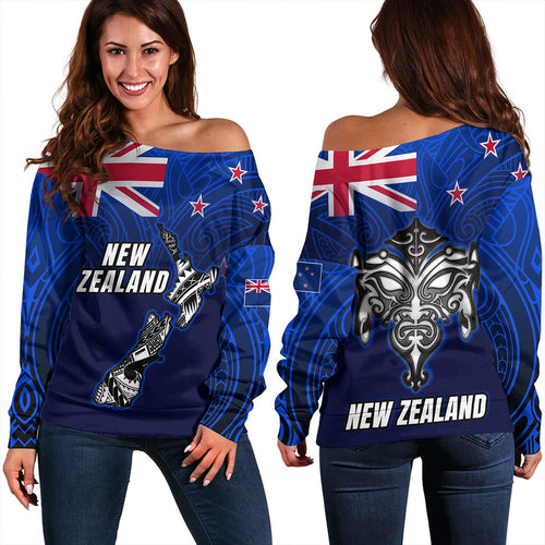 New Zealand Off Shoulder Sweatshirt - New Zealand Map Maori Face Patterns