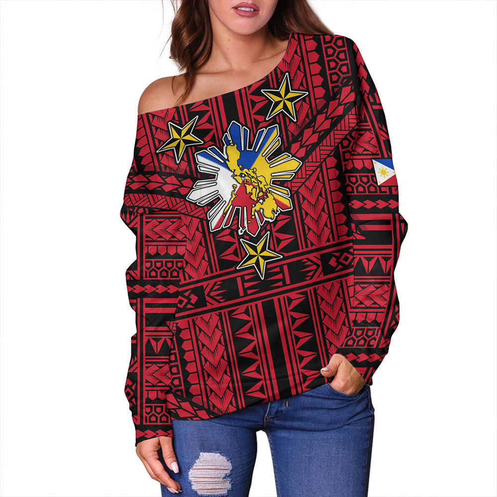 Philippines Off Shoulder Sweatshirt - Filipino Sun And Stars Tribal Tattoo Patterns Style