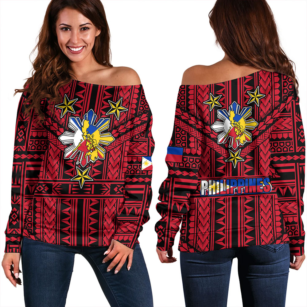 Philippines Off Shoulder Sweatshirt - Filipino Sun And Stars Tribal Tattoo Patterns Style