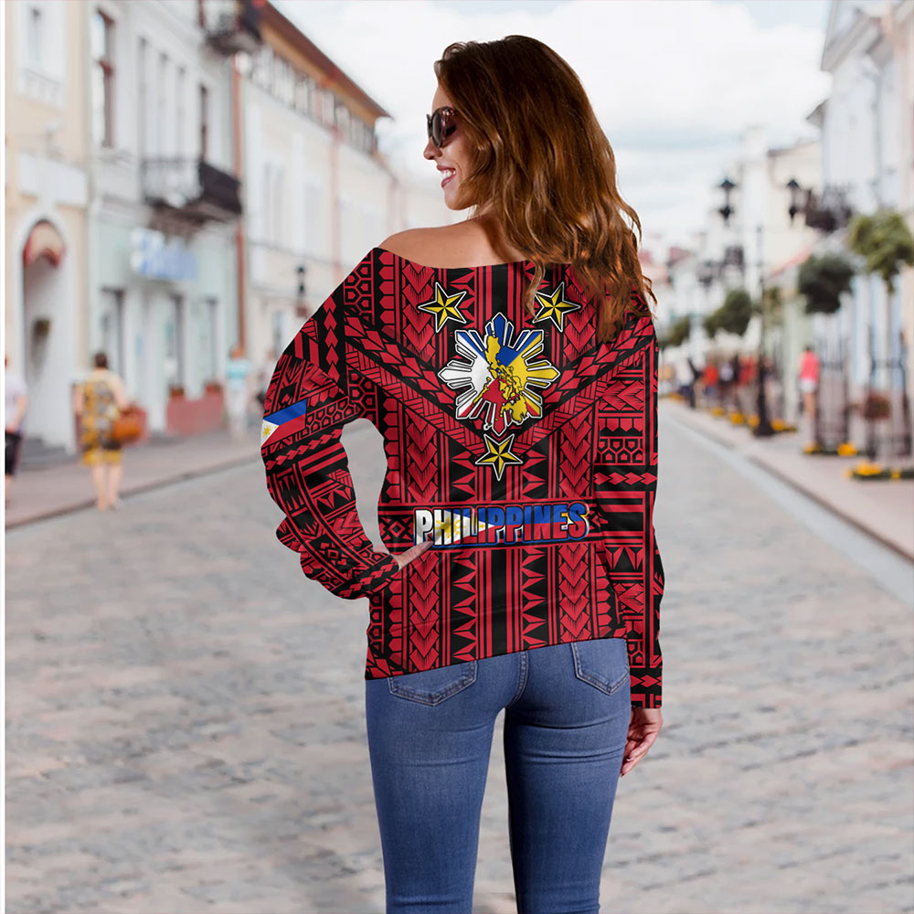 Philippines Off Shoulder Sweatshirt - Filipino Sun And Stars Tribal Tattoo Patterns Style