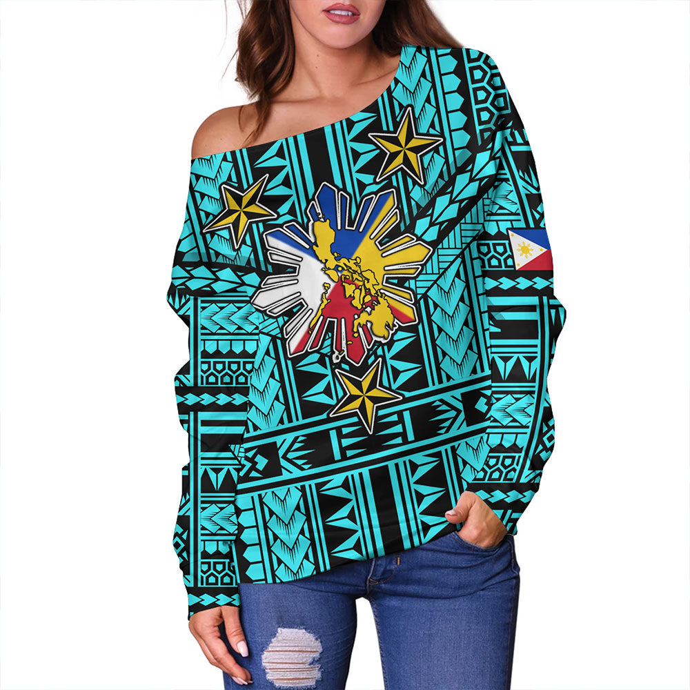 Philippines Off Shoulder Sweatshirt - Filipino Sun And Stars Tribal Tattoo Patterns Style