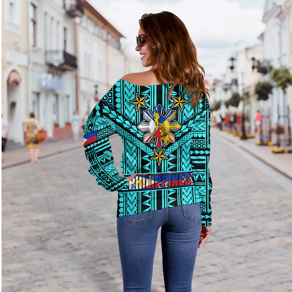 Philippines Off Shoulder Sweatshirt - Filipino Sun And Stars Tribal Tattoo Patterns Style