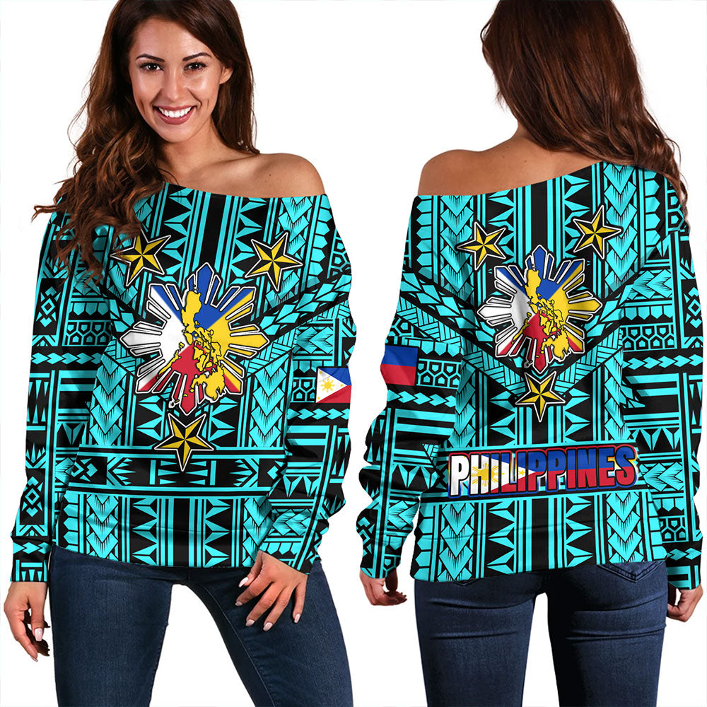Philippines Off Shoulder Sweatshirt - Filipino Sun And Stars Tribal Tattoo Patterns Style