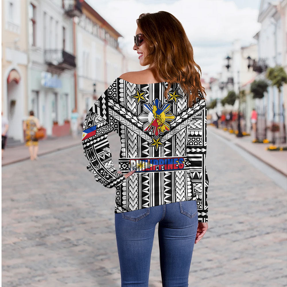 Philippines Off Shoulder Sweatshirt - Filipino Sun And Stars Tribal Tattoo Patterns Style