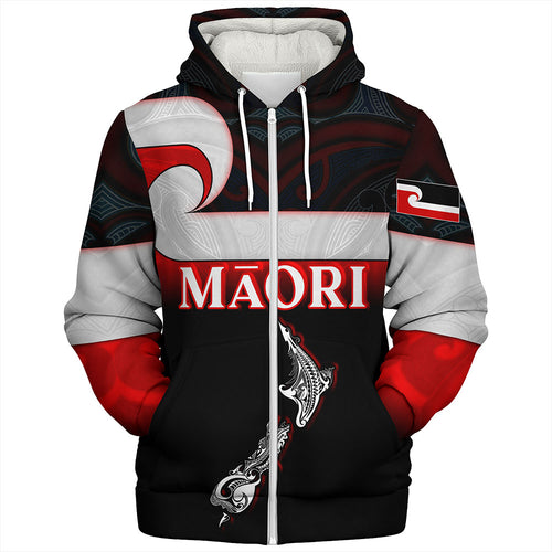 New Zealand Sherpa Hoodie - Maori Face And Flag Patterns