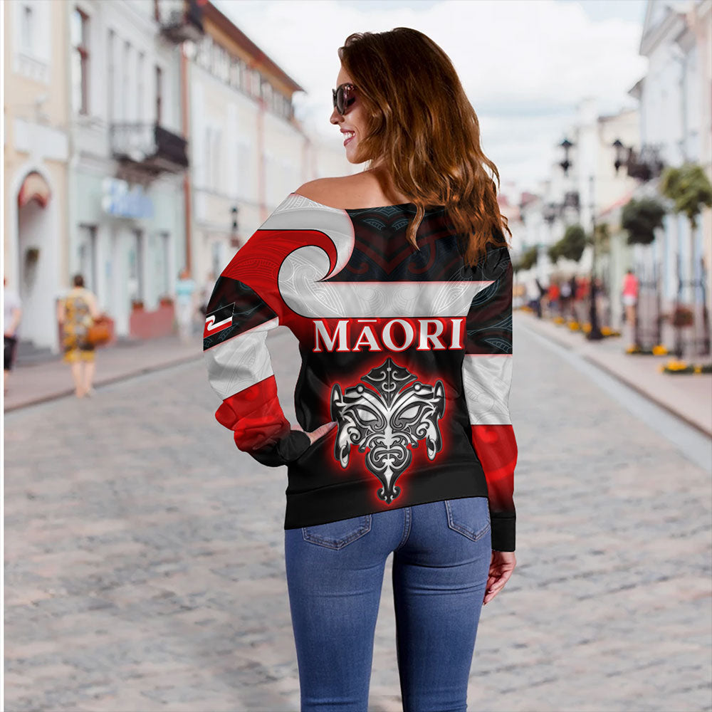 New Zealand Off Shoulder Sweatshirt - Maori Face And Flag Patterns