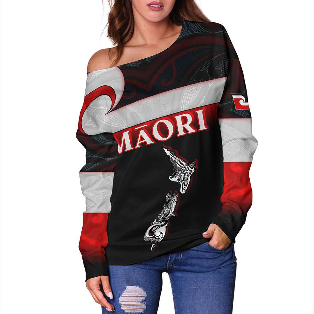 New Zealand Off Shoulder Sweatshirt - Maori Face And Flag Patterns