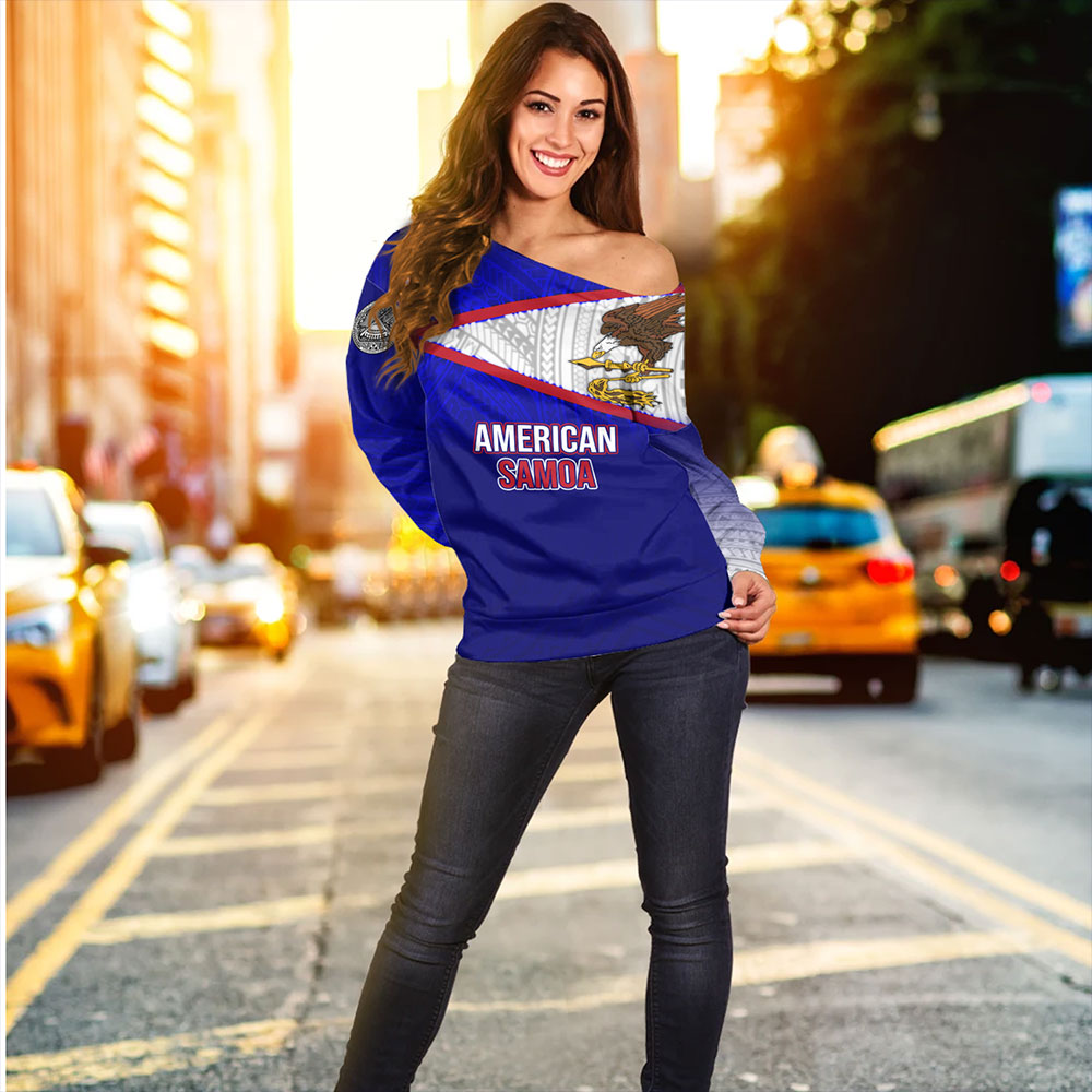 American Samoa Off Shoulder Sweatshirt - American Samoa Flag Color With Traditional Patterns