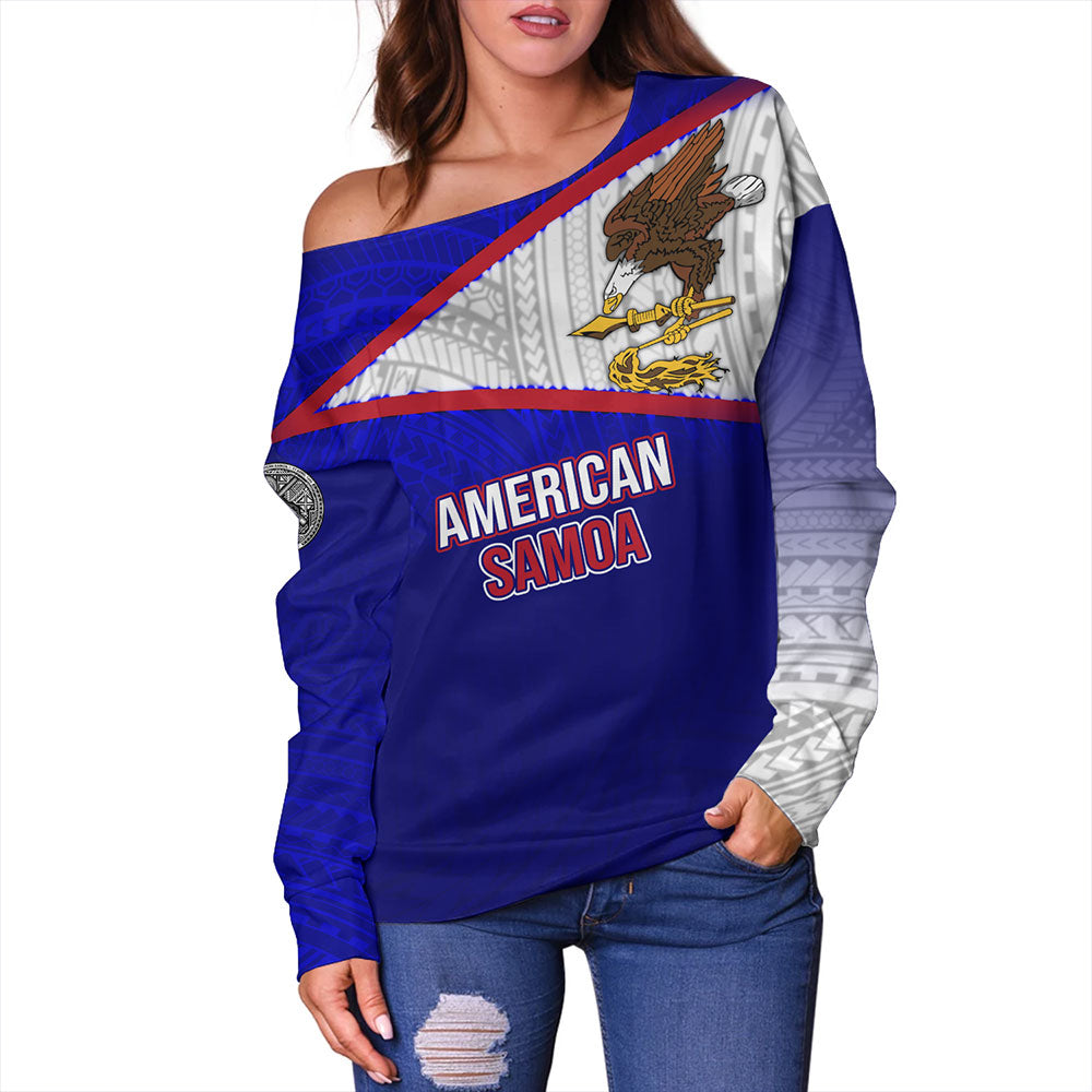 American Samoa Off Shoulder Sweatshirt - American Samoa Flag Color With Traditional Patterns