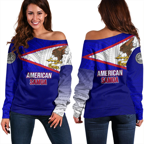 American Samoa Off Shoulder Sweatshirt - American Samoa Flag Color With Traditional Patterns