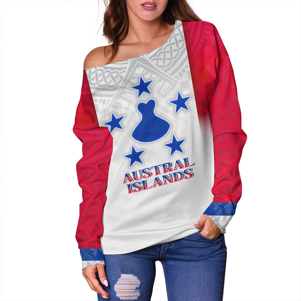 Austral Islands Off Shoulder Sweatshirt Flag Color With Traditional Patterns