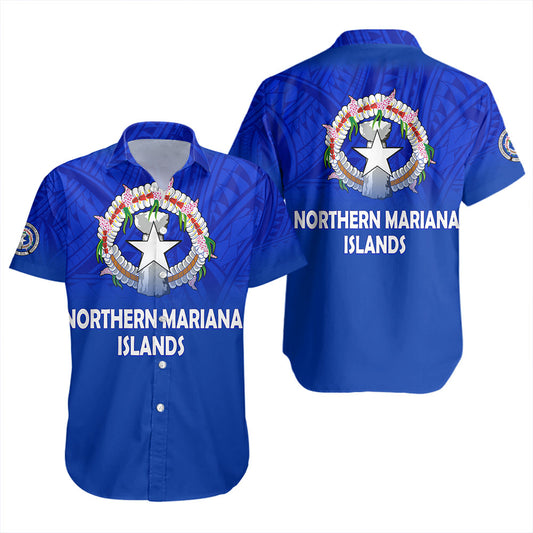 Northern Mariana Islands Short Sleeve Shirt - Flag Color With Traditional Patterns