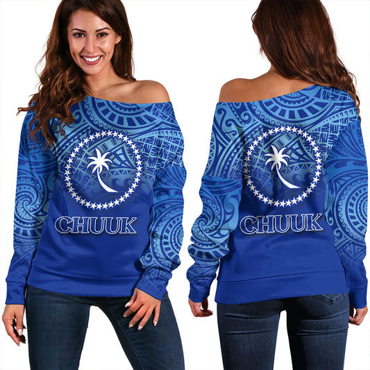 Chuuk State Off Shoulder Sweatshirt Flag Color With Traditional Patterns