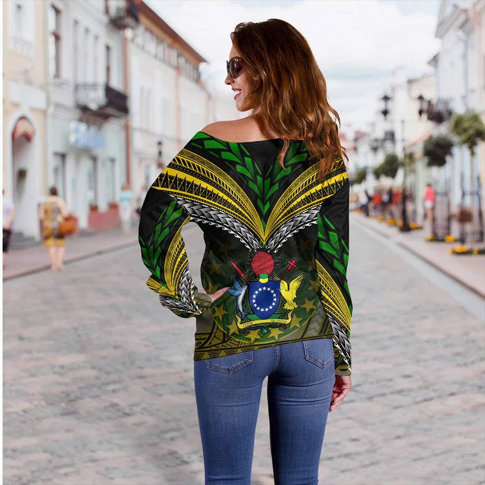 Cook Islands Off Shoulder Sweatshirt Flag Color With Traditional Patterns