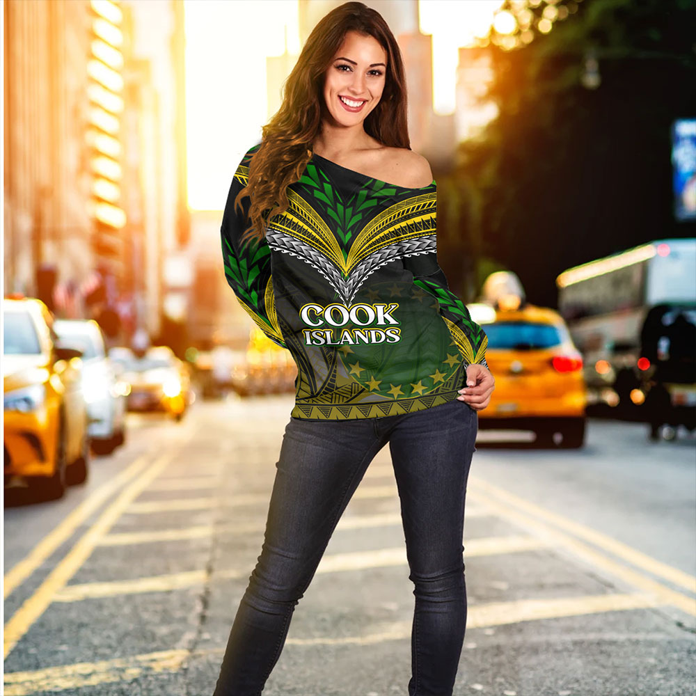 Cook Islands Off Shoulder Sweatshirt Flag Color With Traditional Patterns