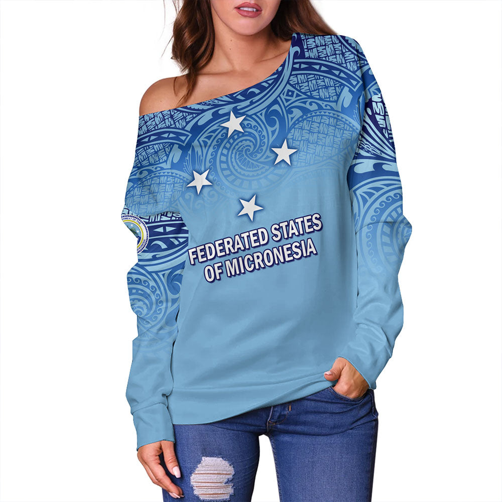 Federated States Of Micronesia Off Shoulder Sweatshirt - Flag Color With Traditional Patterns