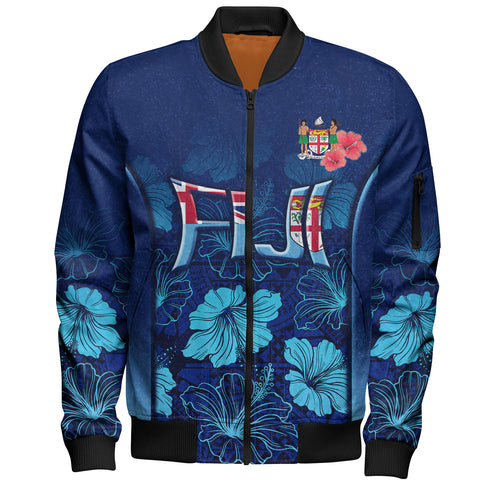 Fiji Custom Personalised Bomber Jacket Fijian Traditional Patterns Hibiscus Flowers