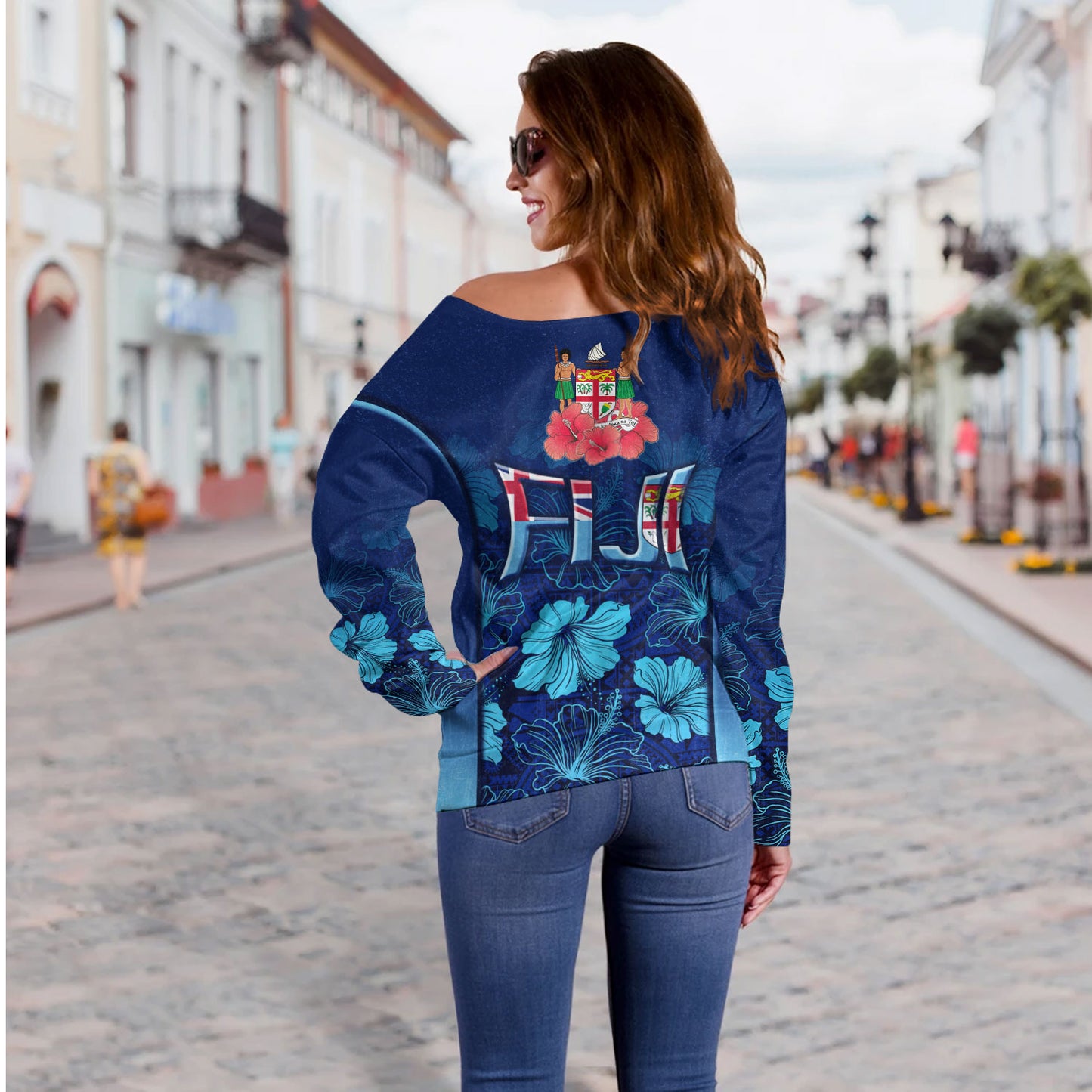 Fiji Custom Personalised Off Shoulder Sweatshirt Fijian Traditional Patterns Hibiscus Flowers