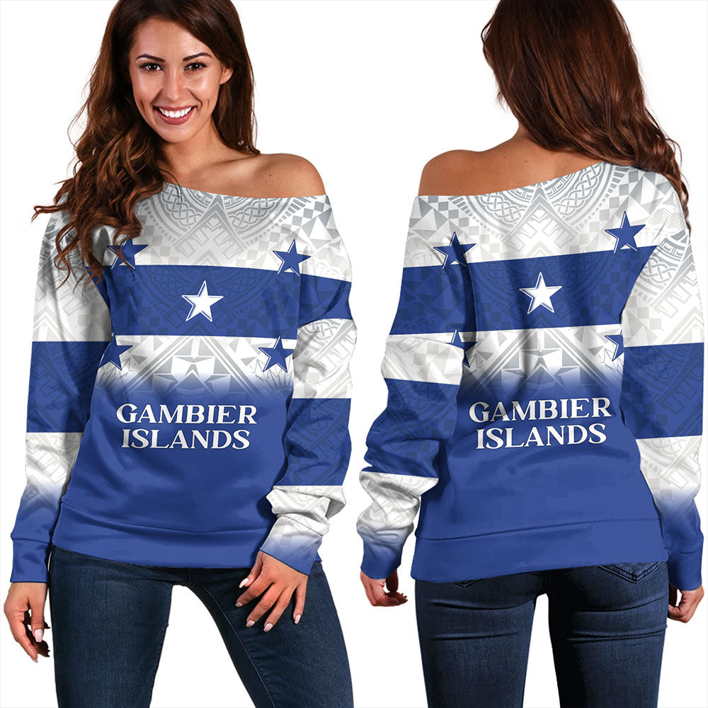 Gambier Islands Off Shoulder Sweatshirt Flag Color With Traditional Patterns