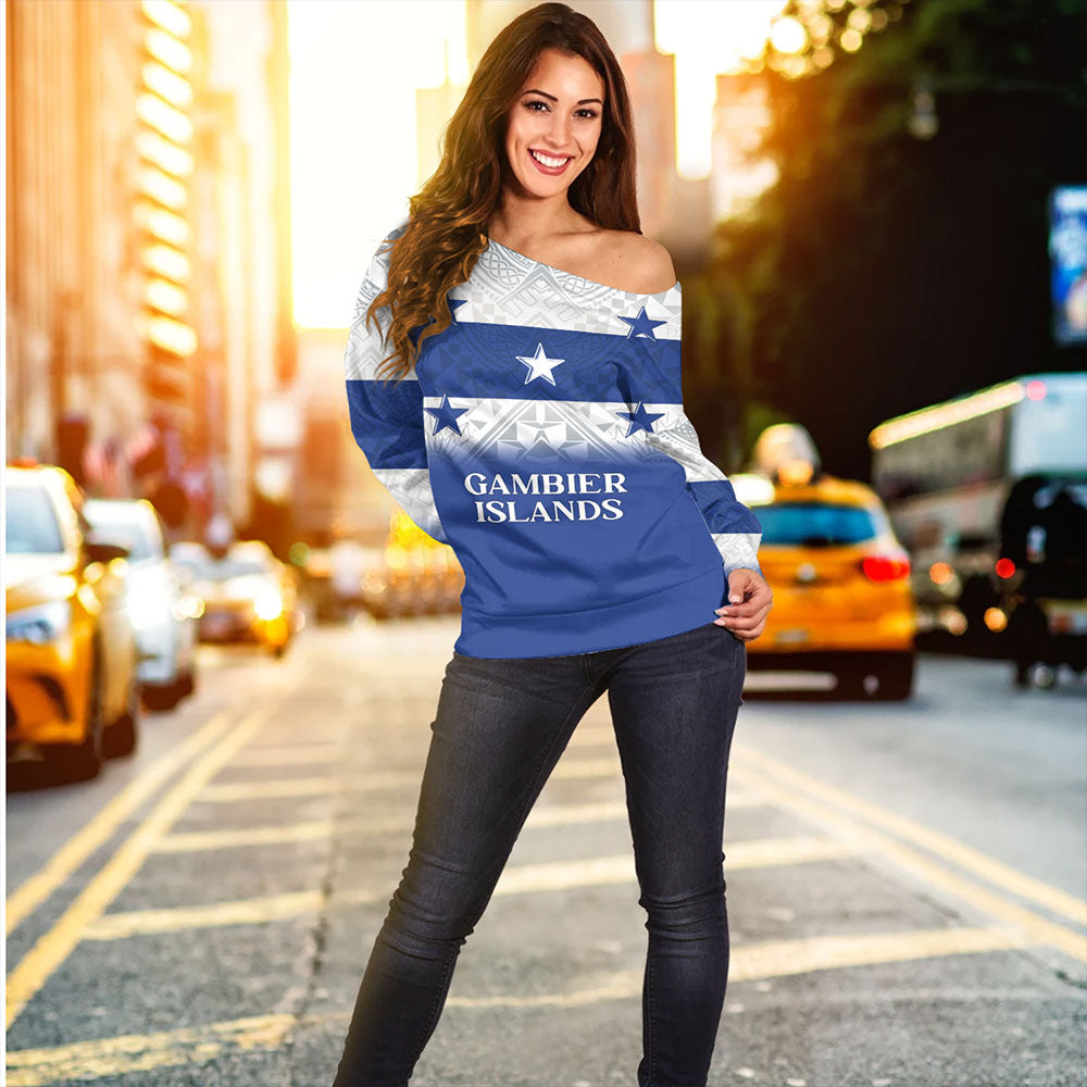 Gambier Islands Off Shoulder Sweatshirt Flag Color With Traditional Patterns