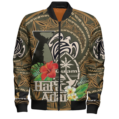Guam Bomber Jacket Hafa Adai Seal Flower Tropical Retro Style