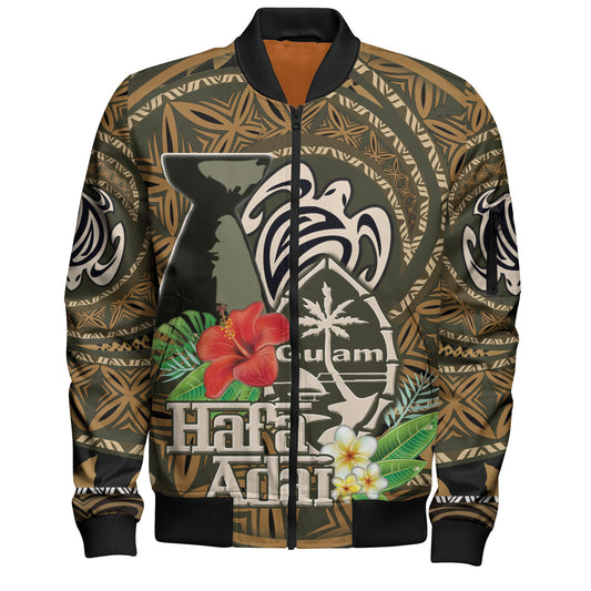 Guam Bomber Jacket Hafa Adai Seal Flower Tropical Retro Style