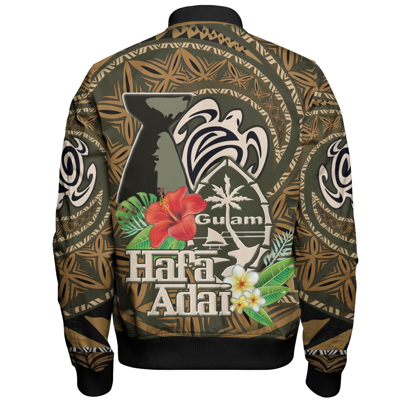 Guam Bomber Jacket Hafa Adai Seal Flower Tropical Retro Style