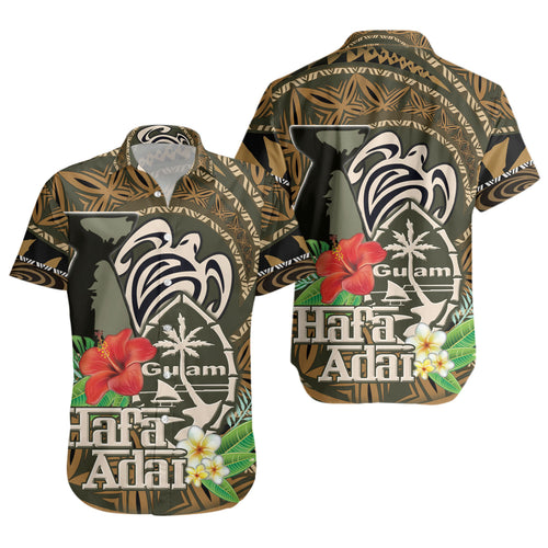 Guam Short Sleeve Shirt Hafa Adai Seal Flower Tropical Retro Style