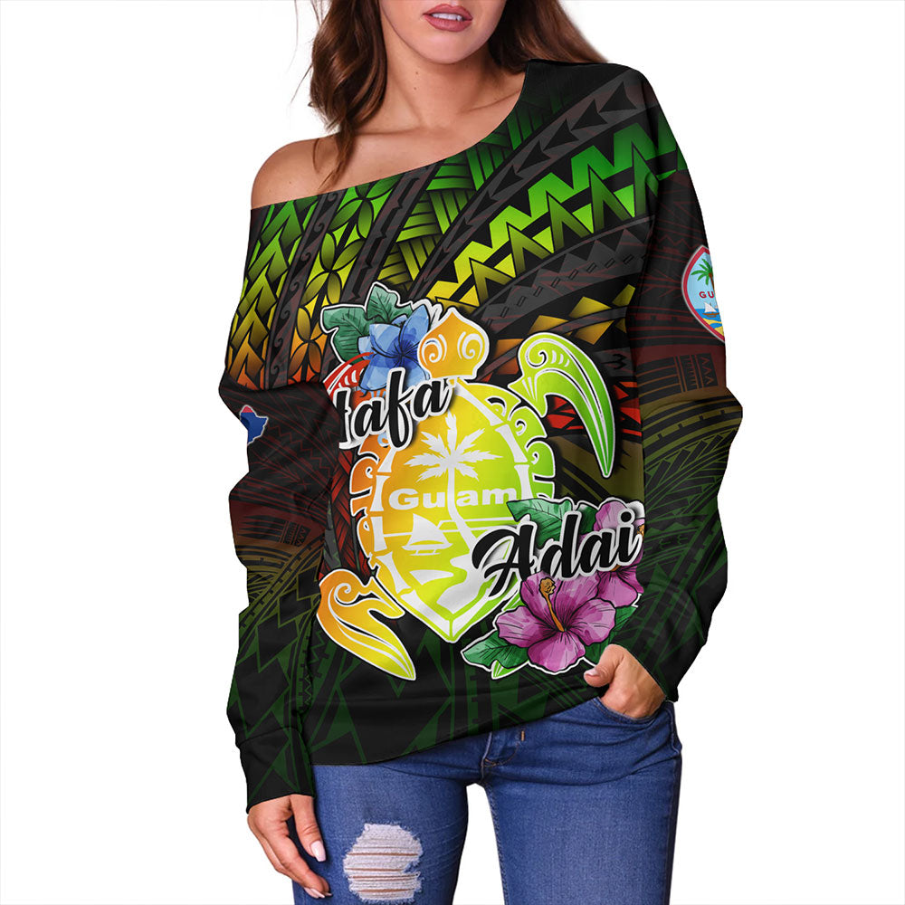Guam Off Shoulder Sweatshirt Hafa Adai Guam Seal Tropical Flowers