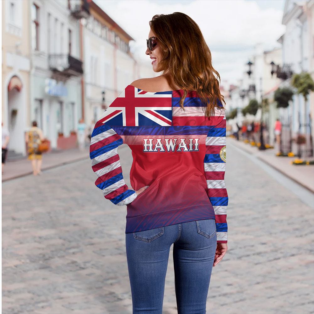 Hawaii Off Shoulder Sweatshirt - Hawaii Flag Color With Traditional Patterns