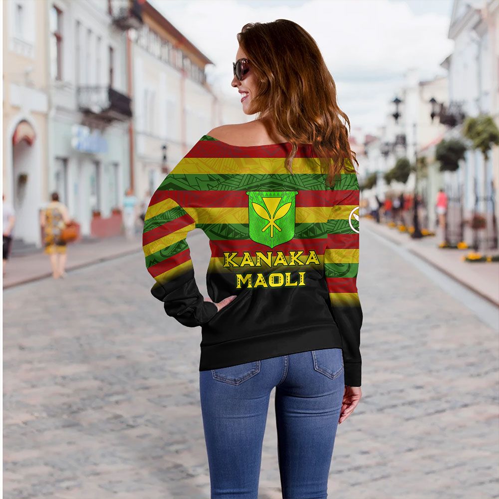 Hawaii Off Shoulder Sweatshirt - Kanaka Maoli Flag Color With Traditional Patterns