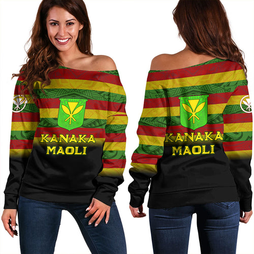 Hawaii Off Shoulder Sweatshirt - Kanaka Maoli Flag Color With Traditional Patterns