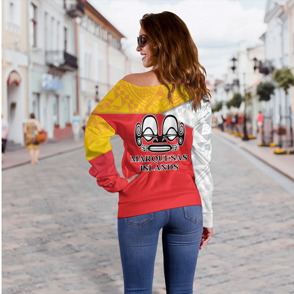 Marquesas Islands Off Shoulder Sweatshirt Flag Color With Traditional Patterns
