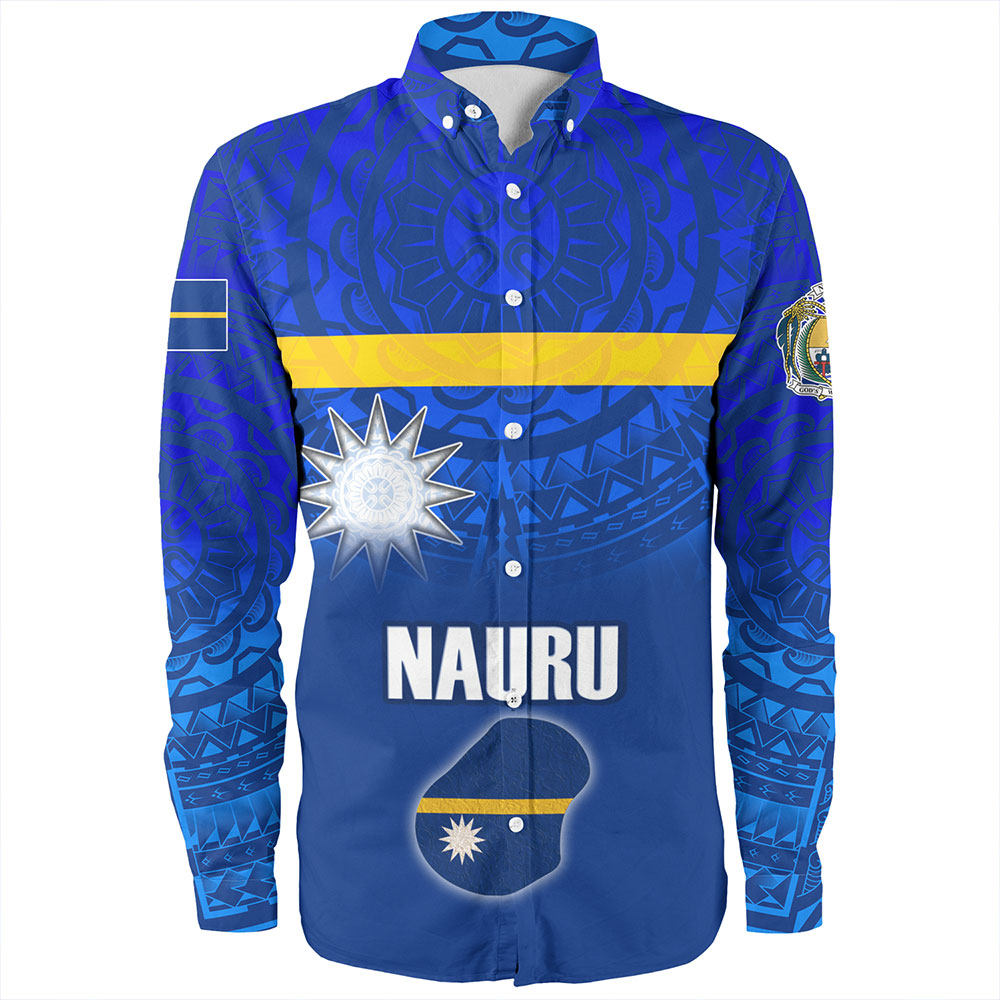 Nauru Long Sleeve Shirt Flag Color With Traditional Patterns
