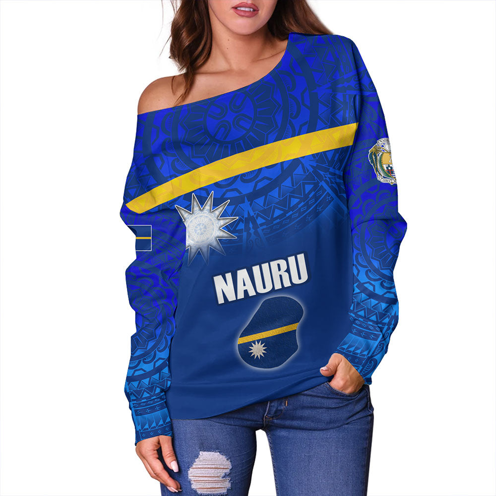 Nauru Off Shoulder Sweatshirt Flag Color With Traditional Patterns
