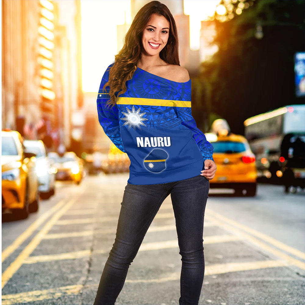 Nauru Off Shoulder Sweatshirt Flag Color With Traditional Patterns