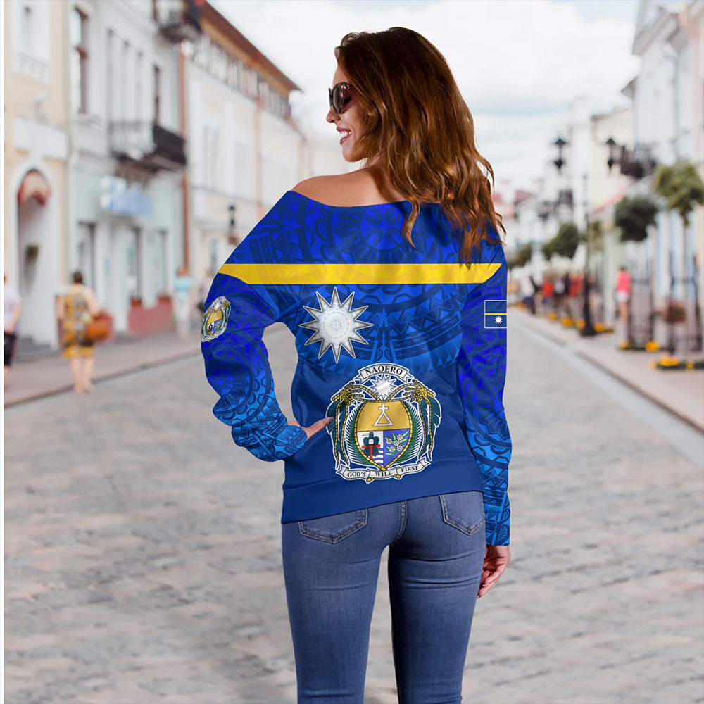 Nauru Off Shoulder Sweatshirt Flag Color With Traditional Patterns