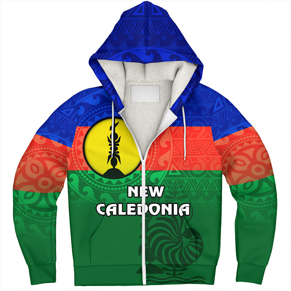 New Caledonia Sherpa Hoodie Flag Color With Traditional Patterns