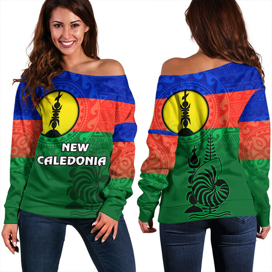 New Caledonia Off Shoulder Sweatshirt Flag Color With Traditional Patterns