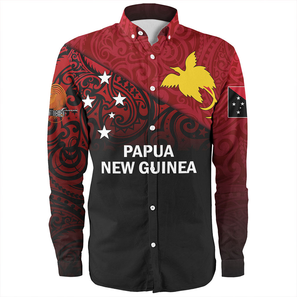 Papua New Guinea Long Sleeve Shirt - PNG Flag Color With Traditional Patterns