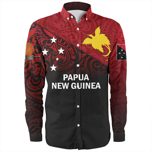 Papua New Guinea Long Sleeve Shirt - PNG Flag Color With Traditional Patterns