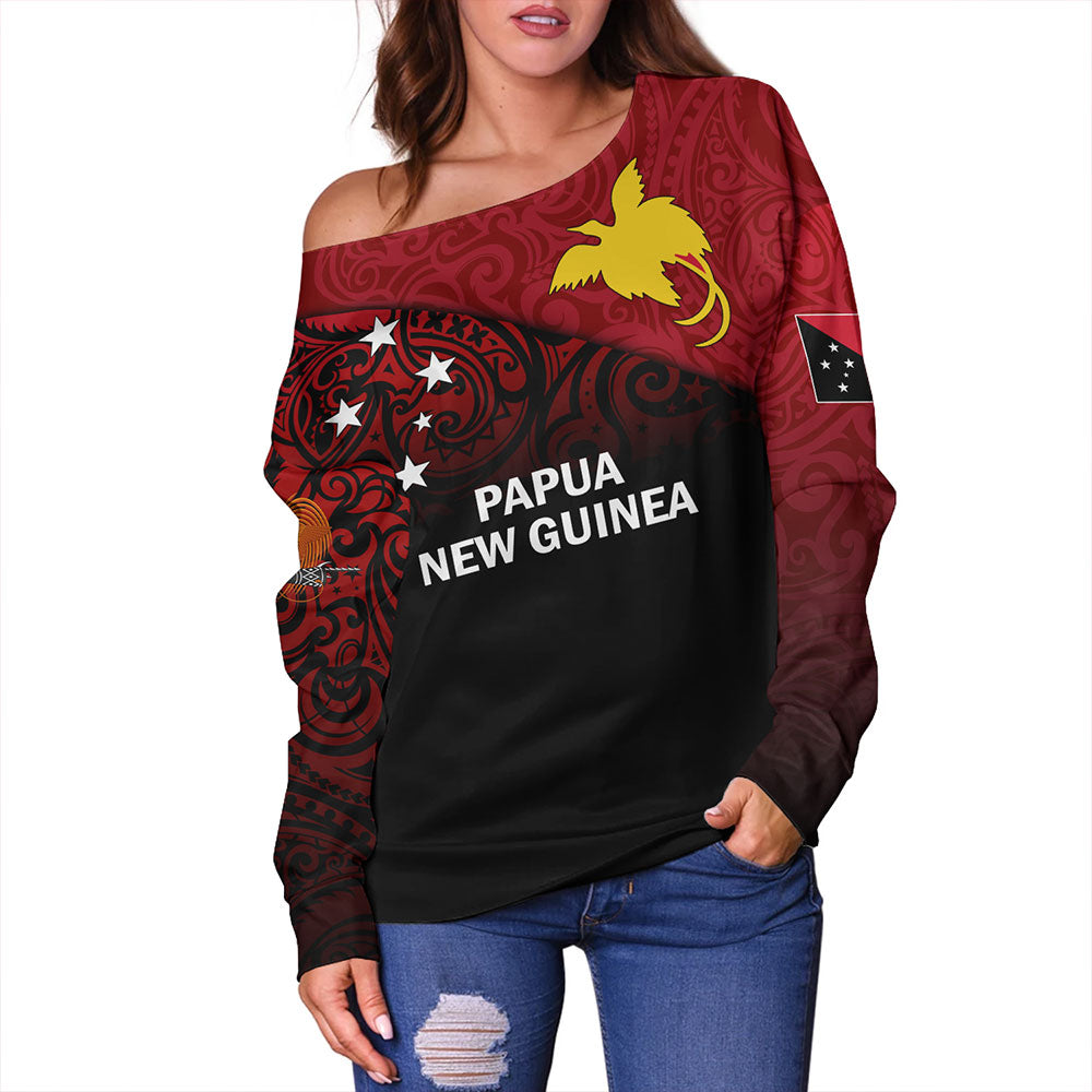 Papua New Guinea Off Shoulder Sweatshirt - PNG Flag Color With Traditional Patterns