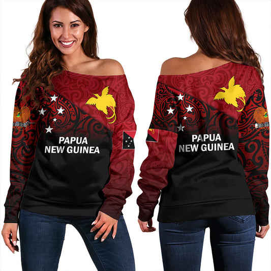 Papua New Guinea Off Shoulder Sweatshirt - PNG Flag Color With Traditional Patterns