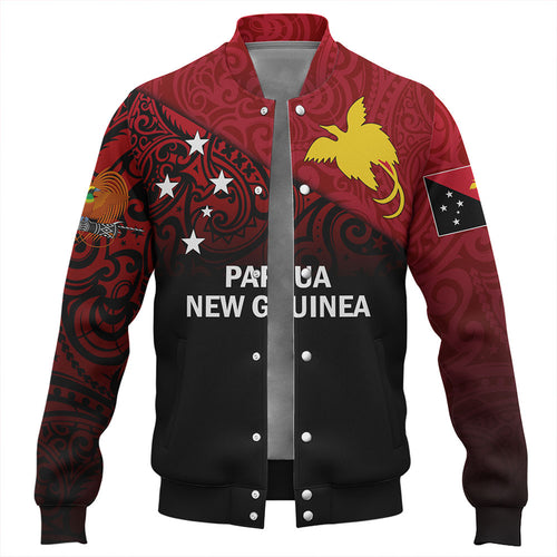 Papua New Guinea Baseball Jacket - PNG Flag Color With Traditional Patterns