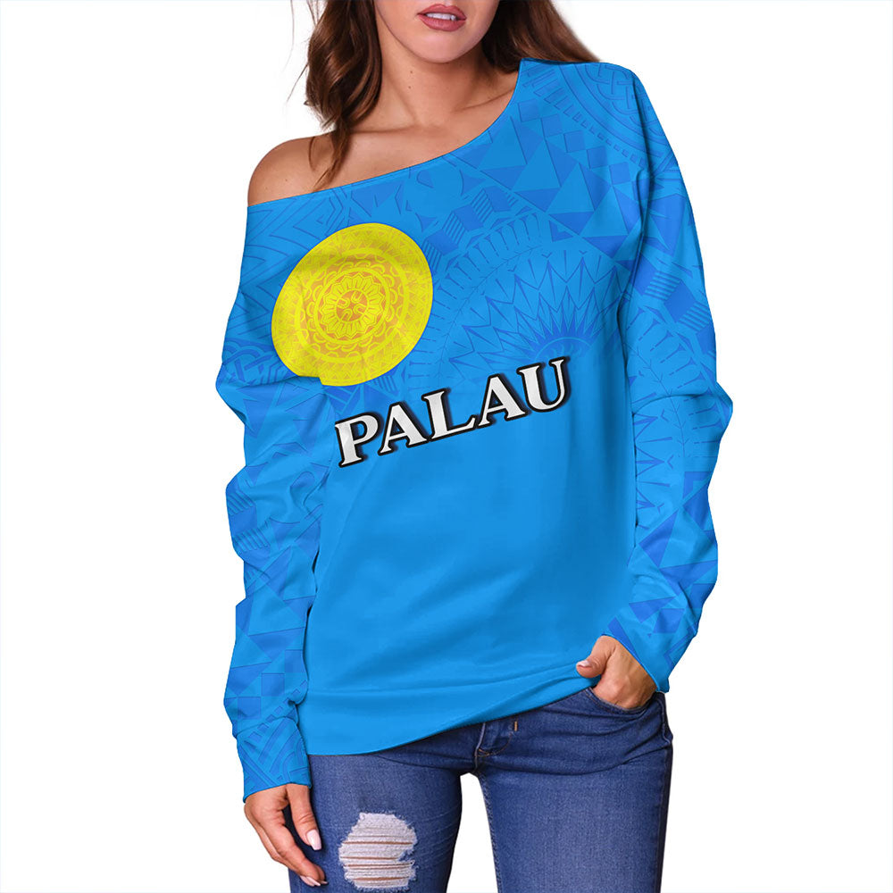Palau Off Shoulder Sweatshirt Flag Color With Traditional Patterns
